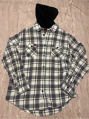 Tony Hawk Men's Plaid Button-Down Shirt with Black Hood - Gray/Cream/Blue